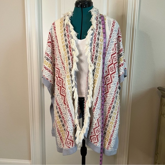 CAbi Red Yellow and Gray Fringe Geographic Knit Poncho Sweater Kimono - Picture 9 of 13